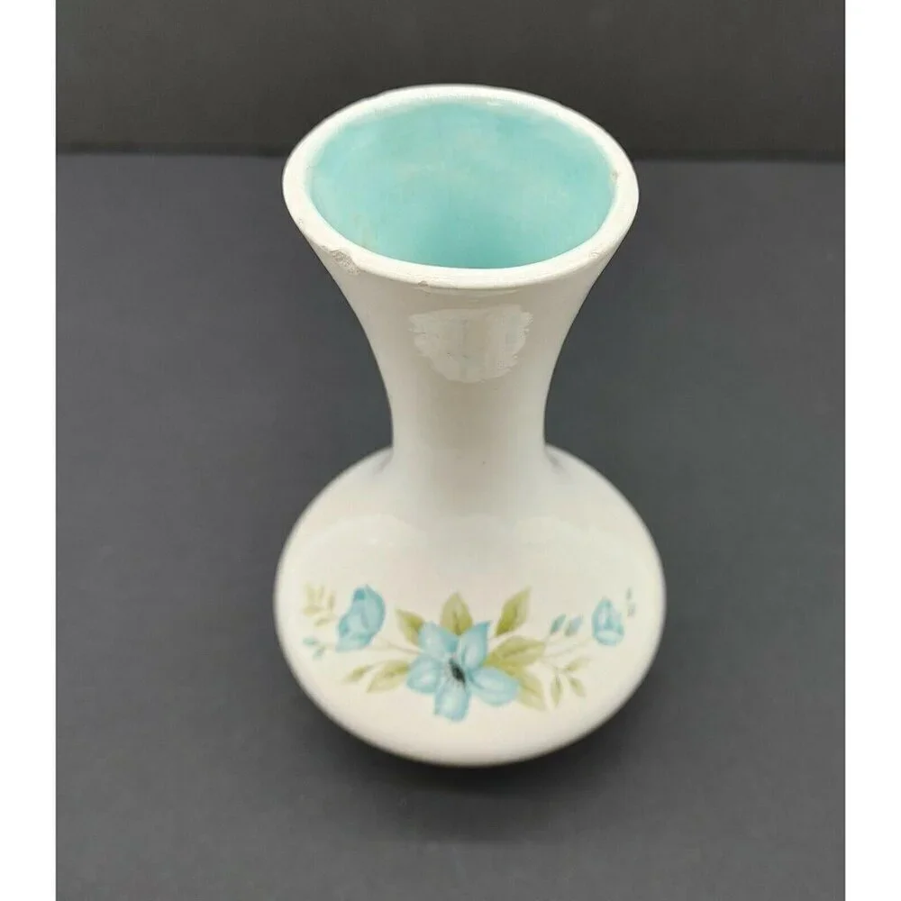 Ceramic Vase With Blue Floral Design & Turquoise Interior Marked Anna 1972 VTG